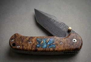 Couteau pliant artisanal de qualité industrielle en acier Damas, manche en résine bleue, ouverture coulissante, garantie 3 ans, couteau de poche EDC personnalisé Tarj - Product Image 5