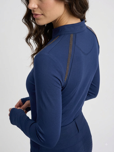 <b>Women's</b> <b>Navy</b> Blue Long Sleeve Quarter Zip Compression Sport <b>Top</b> Knitted Spandex Polyester Quick Dry Solid Color Base Layer - Product Image 2
