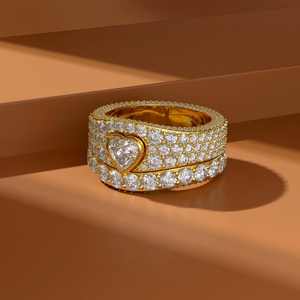 Ensemble de bagues de luxe en forme de cœur serties de diamants, or jaune 14K 18K, bande pavée complète, bague de fiançailles, bijoux fins sur mesure, vente en gros - Product Image 1