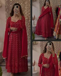 Export Quality Anarkali Gown <b>3</b> <b>piece</b> <b>Suit</b> Set Faux Blooming with Lakhnavi Embroidered Sequence Work Wedding Gown - Product Image 2