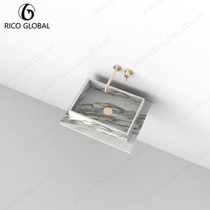 Évier rectangulaire mural en marbre RICO GLOBAL avec robinet à bouton plaqué or, design minimaliste pour salle de bain - Product Image 5