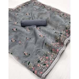SÉQUENCE ORGANZA ATTRACTIVE ET CODAGE DE BRODERIE DE TRAVAIL SAREE AVEC BLOUSE NON COUSTÉE GRIS - Product Image 1