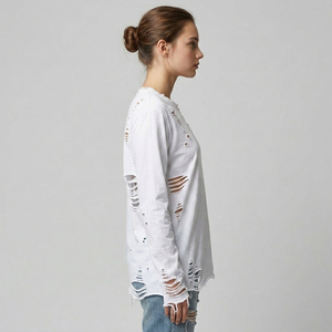 เสื้อยืดคอกลมแขนสั้นทรงโอเวอร์ไซส์ แต่งดีเทลขาดๆ สำหรับผู้หญิง วัสดุโพลีเอสเตอร์/คอตตอน ระบายอากาศได้ดี  แบบถัก  ปรับแต่งได้ สไตล์สตรีท - Product Image 3