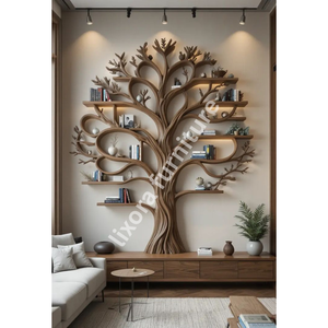 Luxury Handcrafted <b>Solid</b> <b>Wood</b> Tree Shaped Wall Mounted Floating Bookshelf Artistic Display Rack - Product Image 4