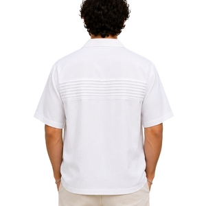 <b>White</b> <b>Mens</b> Camp Collar Pleated <b>Short</b> <b>Sleeve</b> Button Down Casual Summer Resort <b>Shirt</b> Customized Logo OEM Manufacturer Supplier - Product Image 2