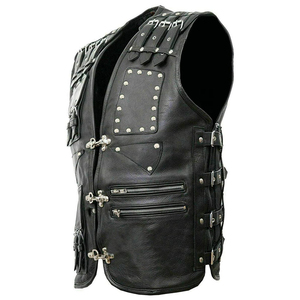 Gilet sans manches en cuir PU noir pour homme avec plusieurs poches, décoration à rivets, fermeture à trois boutons, style motard - Product Image 6