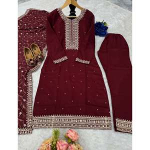 Conjunto de Top Bordado para Fiesta con Pantalones Plazzo y Dupatta para Mujer - Product Image 1