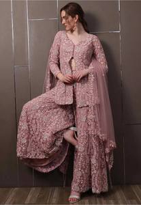 Ensemble Sharara rose en faux georgette avec broderie florale, manches longues, élégant, tenue de soirée longue, combinaison de mariage pour femme - Product Image 4