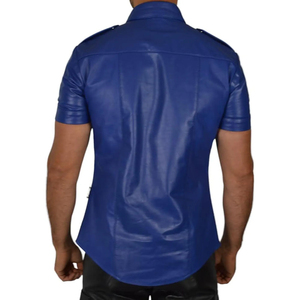 Chemise à manches courtes en cuir PU pour homme, col rabattu, couleur unie, veste décontractée d'hiver avec poches, coupe ajustée, logo sur le devant - Product Image 2
