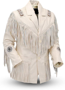 <b>Men</b>’s Traditional Western style Cream Leather <b>Jacket</b> Cowboy Leather <b>Jacket</b> With Fringes And Beads - Product Image 3