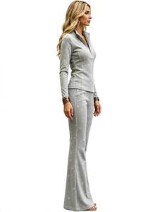 Women's 2 Piece <b>Long</b> <b>Set</b> Zip Up Stand Collar <b>Top</b> <b>And</b> Flare Pants Striped Casual Outfit - Product Image 2