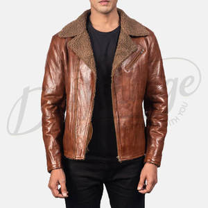 Chaqueta de cuero marrón premium para hombre, estilo motero, de piel de oveja auténtica, con cierre de cremallera y cuello de piel sintética tipo shearling. - Product Image 6