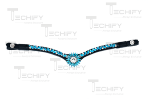 Frontal de Cuero Negro para Caballo con Centro de Girasol de Diamantes de Imitación Azules, Accesorio Premium para Brida - Product Image 2