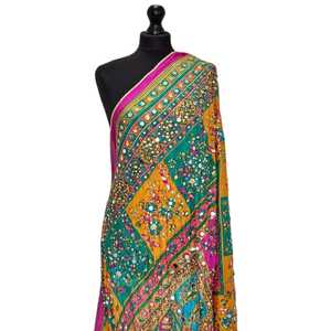 Ethnic Handmade Silk Banjara Shawl Women's Floral Print Long Scarf <b>With</b> <b>Mirror</b> Work All Seasons Fashion Accessory Custom Colors - Product Image 1