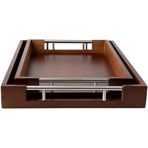 Juego de bandejas de servir de madera de lujo con asas de metal, bandeja decorativa para el hogar, hoteles y hostelería - Product Image 1