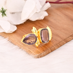 Stylish Trendy Purple Amethyst Hydro <b>Two</b> <b>Stone</b> Gemstone <b>Ring</b> for Women Brass Gold Plated Adjustable Jewelry - Product Image 4