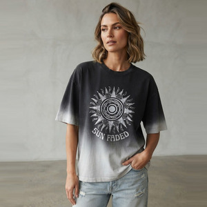 Women Oversized Crew Neck Short Sleeve Loose Fit Shirt Sun Faded Print Gradient Color Cotton T Shirt Summer Casual Shirt Ladies - Product Image 1