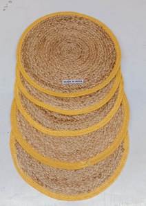 Handwoven round jute <b>placemat</b> with <b>yellow</b> border eco-friendly natural fiber table mat ideal for rustic boho farmhouse dining - Product Image 3