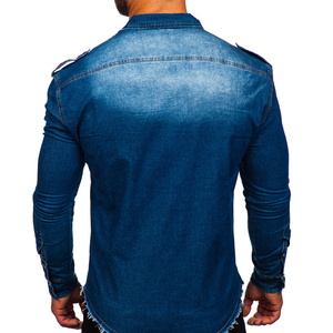 Chemise en jean pour homme, double boutonnage, manches longues, couleur unie, col rabattu, style vintage, coupe ajustée, séchage rapide, coton délavé - Product Image 2