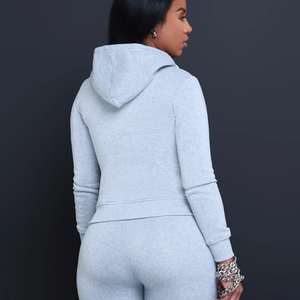 Ensemble sweat-shirt gris à capuche et fermeture éclair pour femme, taille haute, manches longues, décontracté, tricoté, couleur unie, toutes saisons, coupe classique - Product Image 3