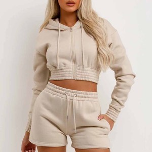 Custom Cropped Top Acid Washed Vintage <b>Zip</b> <b>up</b> French Terry <b>Zip</b> <b>up</b> Hoodie Women Ladies Jogging Suit Hoodie and Shorts Set - Product Image 6