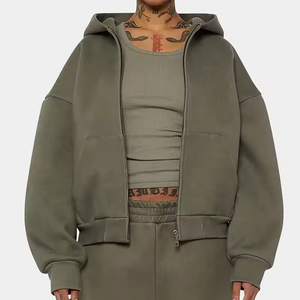 Sweat-shirt à capuche zippé vert olive pour homme, coupe ample, 100% coton molletonné, vêtement décontracté pour l'automne et prix raisonnables - Product Image 5