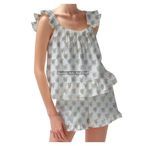 100% Cotton <b>Black</b> Shorts <b>Pajama</b> <b>Set</b> Soft Indian Floral Spring/Summer Floral Fitted Strappy Ruffle Trim Sleeves PJ <b>Set</b> - Product Image 1