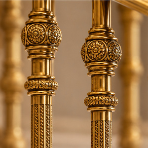 Regal Gold Tone Metal Stair Railing with Intricate Floral Medallion Balusters and Classical Embossed Detailing - Product Image 3