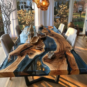 Table à manger en noyer et résine époxy faite à la main, meuble en bois à bord naturel - Product Image 4