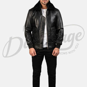 Blouson aviateur homme noir en similicuir de qualité supérieure avec col en fourrure amovible, coupe ajustée, pour l'hiver - Product Image 6