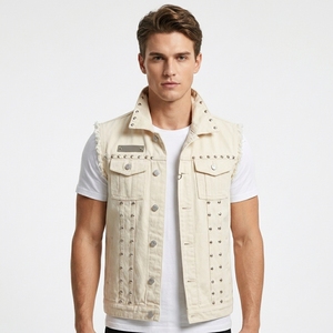 Gilet en jean rétro respirant, imprimé sur mesure, style clouté, couleur unie durable, haute qualité, 100 % coton - Product Image 1