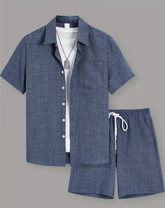 Men's Solid Color Short Sleeve Shirt Shorts Set Breathable Woven Knitted Quick Dry Summer Casual Wear Drawstring Lounge Outfit - Product Image 1