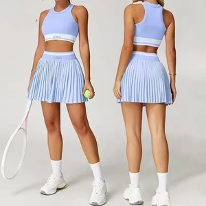 Light Blue High Waist Pleated Spandex Tennis Skirt <b>Set</b> Women Two Piece <b>Sports</b> Bra and Skirt Front Logo Quick Dry Yoga Activewear - Product Image 1