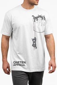 ONETEN APPAREL T-shirt blanc à manches courtes pour homme, col rond, imprimé chats de dessin animé mignons, avec poche - Product Image 2