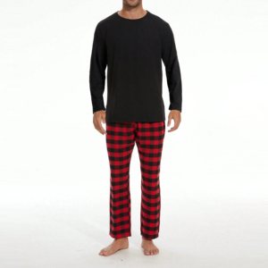 <b>Men's</b> Solid Short Sleeve Black Top Red <b>Pants</b> 100% Cotton Terry Fabric Quick Dry Breathable Eco-Friendly Winter Sleepwear Casual - Product Image 1