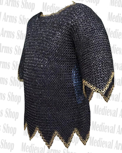 Medieval Chainmail Shirt Mild Steel with Brass 9mm Flat Riveted <b>Ring</b> Half Sleeve Zig Zag Design Handmade Costume Black Finish - Product Image 3