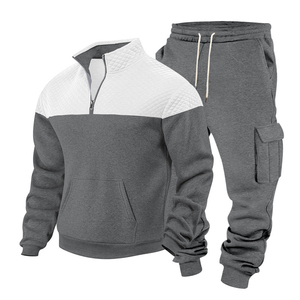 Conjunto Deportivo para Hombre en Gris y Blanco con Bloques de Color, Chaqueta de Media Cremallera y Pantalones Cargo de Manga Larga, Transpirable, Casual, para Otoño, Corte Regular - Product Image 1