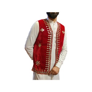 Chaleco de terciopelo para hombre, estilo tradicional afgano Kuchi, con bordado de espejos, color rojo, estilo étnico, chalvar kameez, tendencia actual. - Product Image 3