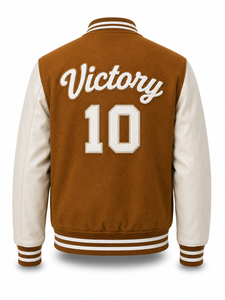 Chaqueta Varsity Unisex Marrón con Mangas Blancas, Letra V Bordada en el Frente, Estilo Preppy, Cuello Camisero, Casual de Invierno, Patchwork - Product Image 4