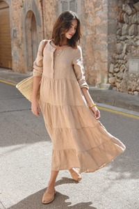 Women's 100% Cotton Tiered Maxi <b>Dress</b> | Sleeveless Loose Fit Solid Sweet Simple Boho Slits | Custom OEM ODM Manufacturer - Product Image 5