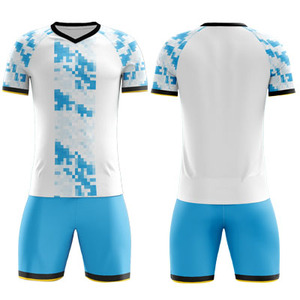 Uniforme de Fútbol Personalizado Blanco y Azul con Estampado Geométrico, Cuello en V, Manga Corta, 100% Poliéster, Absorbe la Humedad, Unisex, para Adultos - Product Image 3