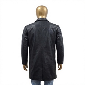 Nabtay Sports Distressed <b>Grey</b> Genuine Leather Thin Slim Fit Lightweight Turn-down Collar Button Zipper Closure <b>Men's</b> Trench Coat - Product Image 3