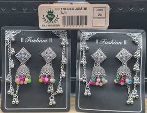 Silver Plated Square Stud Jhumka Earrings Crystal Center Colorful <b>Bead</b> Fringe Link Ear Support Chains Fashion Earrings Set - Product Image 3