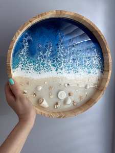 Plateau de service en bois et résine époxy fait main de haute qualité pour restaurant, petit-déjeuner, thé, jus, avec poignée en métal - Product Image 2