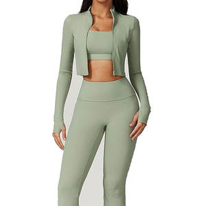 Tenues pour femmes, ensemble 3 pièces avec veste courte zippée à manches longues, soutien-gorge de sport et leggings amincissants pour la gym et le fitness - Product Image 2
