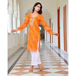 Ensemble Kurta Leheriya de style bohème en tissu chiffon orange rouille XS - Product Image 2