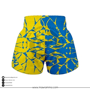 Shorts de Muay Thai MAWRA bleu électrique et jaune, imprimé verre brisé, sublimation personnalisée professionnelle pour le kickboxing et le MMA, 100% sublimation sur le devant - Product Image 6