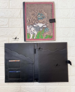 New 2025 Hand Tooled Leather Cow Design Business Planner Portfolios File <b>Folder</b> <b>Document</b> Holder Genuine Leather Snap Padfolios - Product Image 6