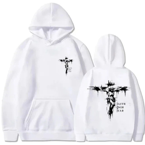 Sweat-shirt à capuche blanc pour homme avec imprimé croix, design Faith Over Fear, sweat-shirt décontracté en coton, coupe classique, vêtements d'automne - Product Image 1