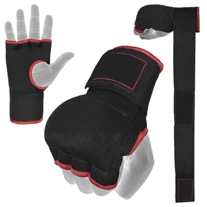 Quick Hand <b>Wraps</b> & boxing Inner Gloves <b>Black</b> with red trimming - Product Image 1